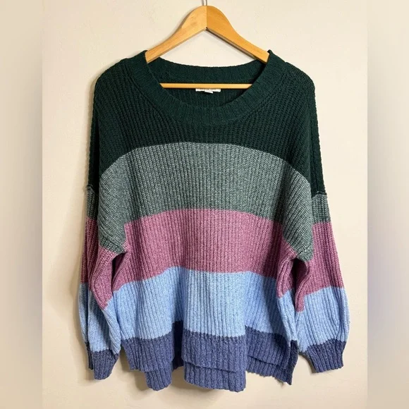 American Eagle Knit Colorblock Green Blue Oversized Long Sleeve Sweater - Picture 2 of 6